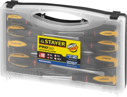 Набор STAYER &quot;PROFESSIONAL&quot; &quot;PROTech&quot;: Отвертки, Cr-Mo, двухком рукоят, отвертки 7шт, отвертка-битодержатель, биты 10шт 25133-H8_z02 купить в Надыме