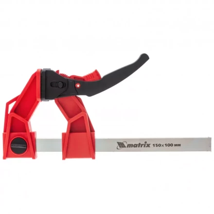 Струбцина реечная быстрозажимная усиленная пластиковый корпус рычажно-храповой механизм 150 х 100 х 306 мм штанга 5 х 22 мм Matrix 20725 купить в Надыме