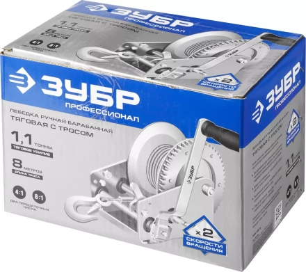 Лебедка ручная барабанная ЗУБР "ПРОФЕССИОНАЛ", тяговая, тросовая, 1,1т, 8м 43113-1.1_z01 купить в Надыме