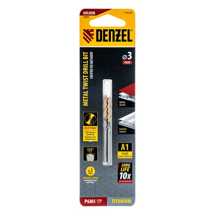 Сверло спиральное по металлу 3 x 60 мм, Р6М5, Golden Tip , 2шт. Denzel 718225 купить в Надыме