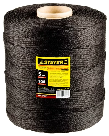 Шнур STAYER "MASTER" хозяйственно-бытовой, полипропиленовый, вязанный, с сердечником, черный, d 5, катушка 700м 50411-05-700 купить в Надыме