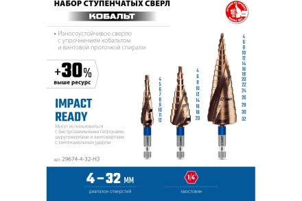 ЗУБР КОБАЛЬТ 3 шт, 4-32мм, винтовая проточка, набор ступенчатых сверл, ПРОФЕССИОНАЛ (29674-4-32-H3) купить в Надыме