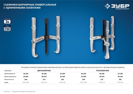 ЗУБР внешний d 40 - 340 мм, внутренний d 40 - 270 мм, шарнирный двухзахватный съемник с удлиненными захватами, Профессионал (43316-275) купить в Надыме