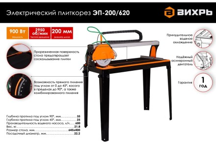Электрический плиткорез с водяным охлаждением Вихрь ЭП-200/620 72/22/2 купить в Надыме
