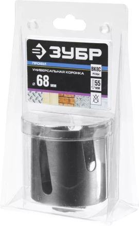 Коронка ЗУБР "ПРОФИ" "ПРОУНИВЕРСАЛ", твердосплав резцы, бетон, кирпич, керам, цв мет, гипсокарт, пласт, дерево, d=68мм 29514-68 купить в Надыме