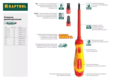 Отвертка KRAFTOOL, высоковольтная, Cr-Mo-V стержень, двухкомпонент. маслобензостойкая рукоятка, PH №1, 80мм 250084-1-080 купить в Надыме