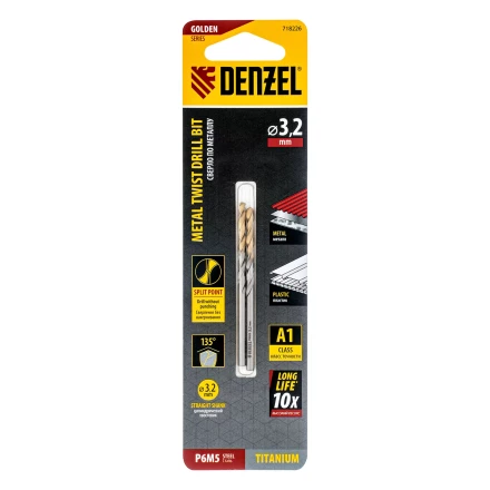 Сверло спиральное по металлу 3,2 x 65 мм, Р6М5, Golden Tip , 2шт. Denzel 718226 купить в Надыме