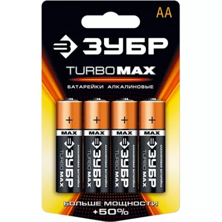 Батарейка ЗУБР "TURBO MAX" щелочная (алкалиновая), тип AA, 1,5В, 4шт на карточке 59206-4C купить в Надыме