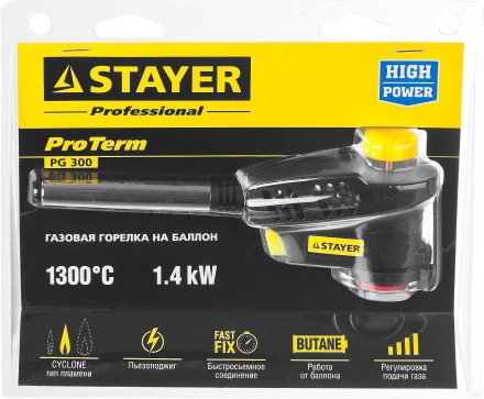 Газовая горелка &quot;ProTerm&quot; на баллон, STAYER &quot;PROFESSIONAL&quot; 55582, с пьезоподжигом, регулировка пламени, вихревое пламя, цанговое соединение, 1300С 55582 купить в Надыме