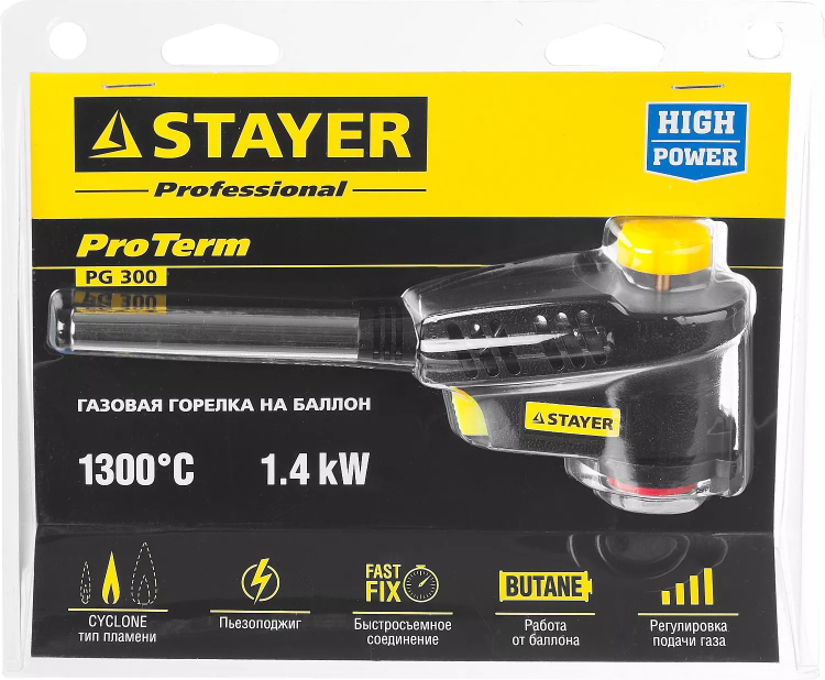 Газовая горелка "ProTerm" на баллон, STAYER "PROFESSIONAL" 55582, с пьезоподжигом, регулировка пламени, вихревое пламя, цанговое соединение, 1300С 55582 купить в Надыме