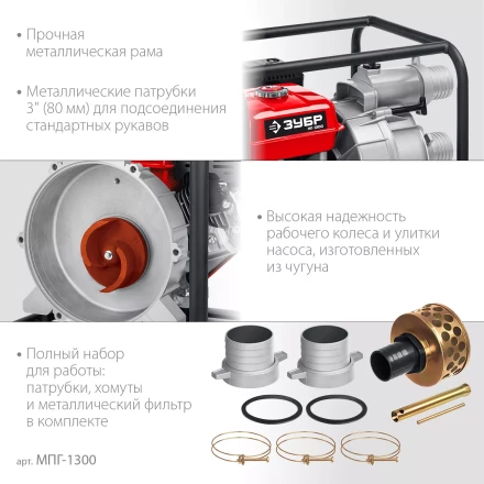 ЗУБР 1300 л/мин, мотопомпа бензиновая для грязной воды (МПГ-1300) купить в Надыме