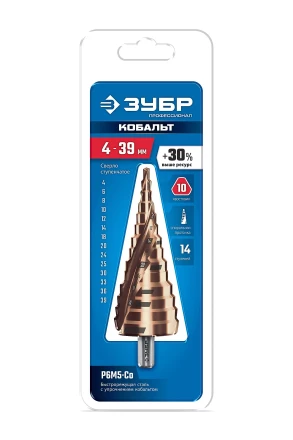 ЗУБР КОБАЛЬТ 4-39мм, 14 ступеней, винтовая проточка, сверло ступенчатое, серия Профессионал(29674-4-39-14) купить в Надыме