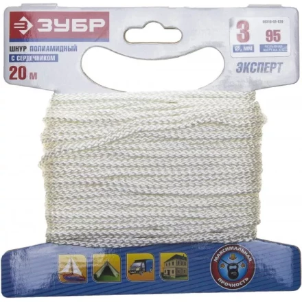 Шнур ЗУБР полиамидный, плетеный, повышенной нагрузки, с сердечником, белый, d 3, 20м 50310-03-020 купить в Надыме