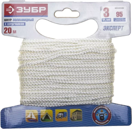 Шнур ЗУБР полиамидный, плетеный, повышенной нагрузки, с сердечником, белый, d 3, 20м 50310-03-020 купить в Надыме