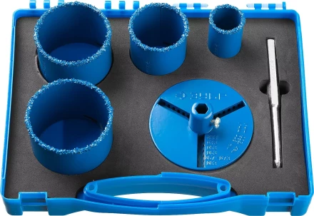 Набор кольцевых коронок ЗУБР "ПРОФЕССИОНАЛ" c карбид-вольфрамовым нанесением, 6 предм. в кейсе: коронки O 33, 53, 67, 73 мм, основание, сверло 33350-H6_z01 купить в Надыме