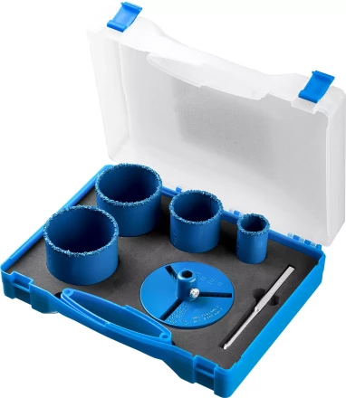 Набор кольцевых коронок ЗУБР "ПРОФЕССИОНАЛ" c карбид-вольфрамовым нанесением, 6 предм. в кейсе: коронки O 33, 53, 67, 73 мм, основание, сверло 33350-H6_z01 купить в Надыме