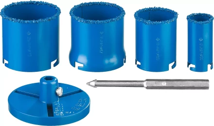 Набор кольцевых коронок ЗУБР "ПРОФЕССИОНАЛ" c карбид-вольфрамовым нанесением, 6 предм. в кейсе: коронки O 33, 53, 67, 73 мм, основание, сверло 33350-H6_z01 купить в Надыме