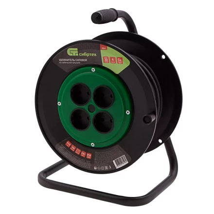 Удлинитель силовой 30 м Сибртех 95863, 16А, тип УХ10, ПВС, на кабельной катушке, 4 розетки без заземления купить в Надыме