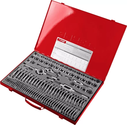 Набор ЗУБР "ЭКСПЕРТ" с метал.реж. инстр.,метчики однопроход. для глух. и сквоз. отв.,плашки,оснаст.-в мет. бокс 110пред. 28119-H110 купить в Надыме