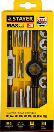 Набор метчиков и плашек STAYER "MASTER", метчикодержатель 1шт, плашкодержатель 1шт, метчики 9шт, плашки 9шт, 20 предметов 28012-H20 купить в Надыме