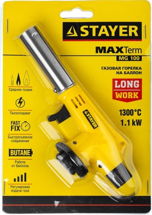 Газовая горелка &quot;MaxTerm&quot; на баллон, STAYER &quot;MASTER&quot; 55584, с пьезоподжигом, регулировка пламени, цанговое соединение, 1300С 55584 купить в Надыме
