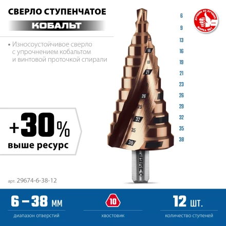 ЗУБР КОБАЛЬТ 6-38мм, 12 ступеней, винтовая проточка, сверло ступенчатое, ПРОФЕССИОНАЛ (29674-6-38-12) купить в Надыме