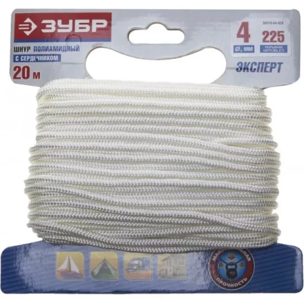 Шнур ЗУБР полиамидный, плетеный, повышенной нагрузки, с сердечником, белый, d 4, 20м 50310-04-020 купить в Надыме