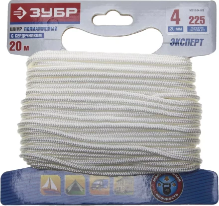 Шнур ЗУБР полиамидный, плетеный, повышенной нагрузки, с сердечником, белый, d 4, 20м 50310-04-020 купить в Надыме