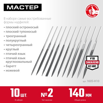 ЗУБР 10 шт, 140 мм, набор надфилей в чехле (1605-H10) купить в Надыме