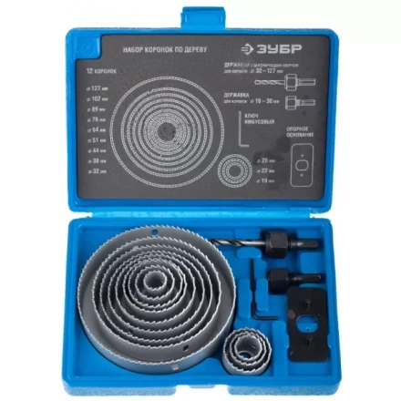 Набор ЗУБР "ЭКСПЕРТ" Коронки по дереву 19-127мм, державка 19-30мм, державка с опорн. основан, ключ имбус. 2,5мм, 15 пред 29554-H15_z01 купить в Надыме