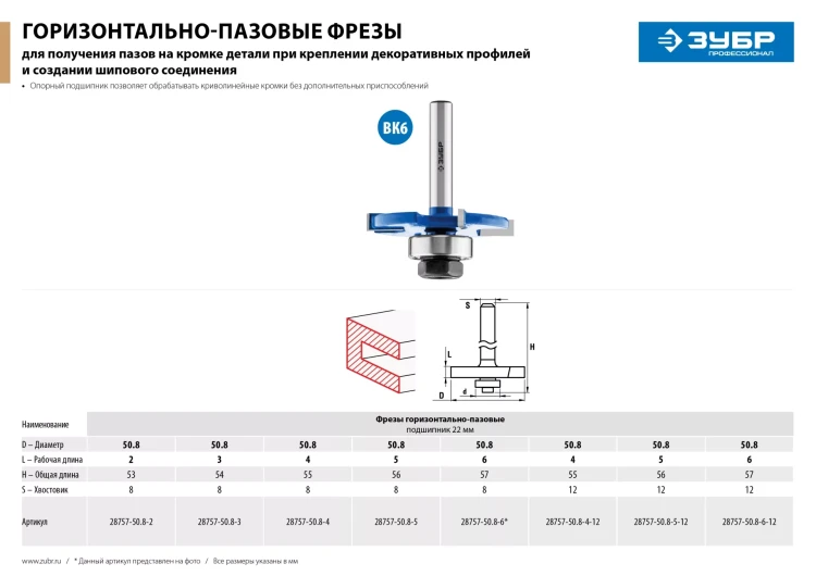 ЗУБР 50.8 x 6 мм, хвостовик 8 мм, фреза горизонтально-пазовая, Профессионал (28757-50.8-6) купить в Надыме