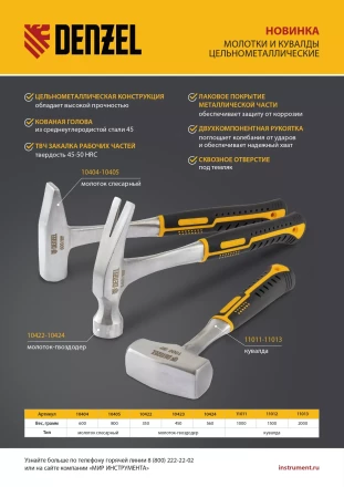 Молоток-гвоздодер 450 г Denzel, цельнометаллический, двухкомпонентная рукоятка, 10423 купить в Надыме