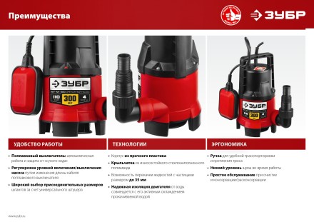 ЗУБР 300 Вт, дренажный насос для грязной воды (НПГ-М1-300) купить в Надыме