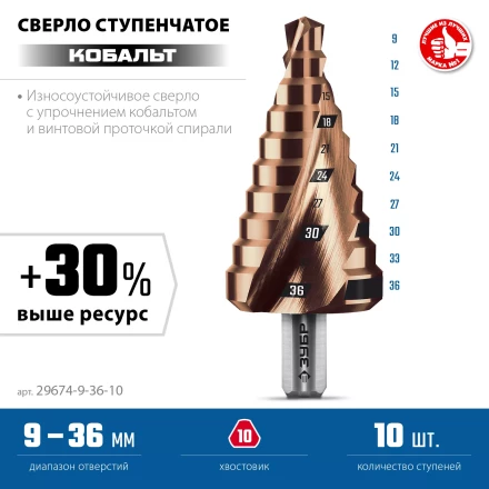 ЗУБР КОБАЛЬТ 9-36мм, 10 ступеней, винтовая проточка, сверло ступенчатое, ПРОФЕССИОНАЛ (29674-9-36-10) купить в Надыме