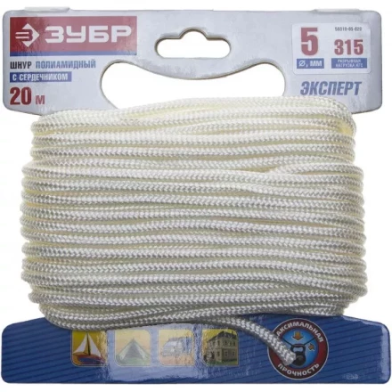 Шнур ЗУБР полиамидный, плетеный, повышенной нагрузки, с сердечником, белый, d 5, 20м 50310-05-020 купить в Надыме