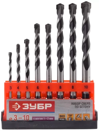 Набор ЗУБР Свёрла "СУПЕР-6" по бетону, ударные, с шестигранным хвостовиком, 3; 4; 5; 6; 6; 8; 8; 10мм, 8шт 2916-H8_z01 купить в Надыме