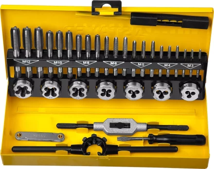 Набор метчиков и плашек STAYER "MASTER", плашки 7шт, метчики компл. 21шт, метчикодерж. 1шт, плашкодерж. 1шт, резьбомер 1шт, отвертка 1шт, 32 предмета 28014-H32 купить в Надыме