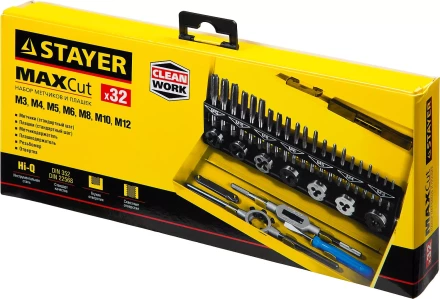 Набор метчиков и плашек STAYER "MASTER", плашки 7шт, метчики компл. 21шт, метчикодерж. 1шт, плашкодерж. 1шт, резьбомер 1шт, отвертка 1шт, 32 предмета 28014-H32 купить в Надыме