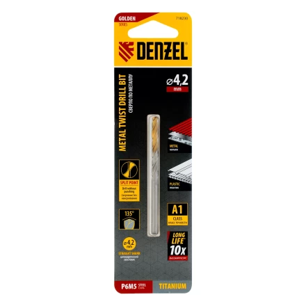 Сверло спиральное по металлу Denzel 4,2 x 75 мм, Р6М5, Golden Tip, 718230 купить в Надыме