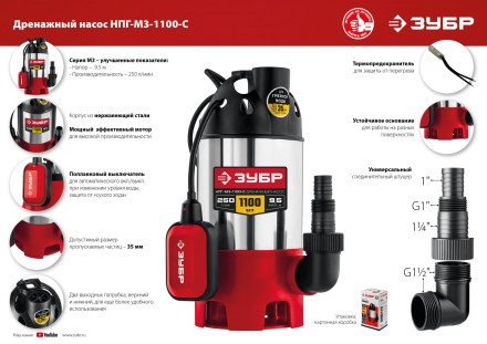 ЗУБР 1100 Вт, дренажный насос для грязной воды, корпус - нерж. сталь (НПГ-М3-1100-С) купить в Надыме