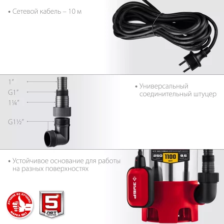 ЗУБР 1100 Вт, дренажный насос для грязной воды, корпус - нерж. сталь (НПГ-М3-1100-С) купить в Надыме