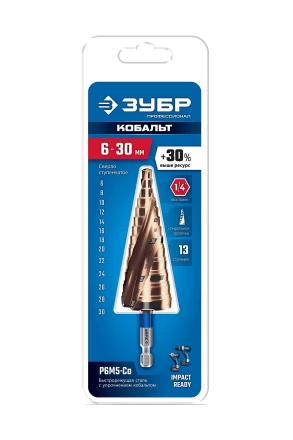 ЗУБР КОБАЛЬТ 6-30мм, 13 ступеней, винтовая проточка, сверло ступенчатое, ПРОФЕССИОНАЛ (29674-6-30-13) купить в Надыме