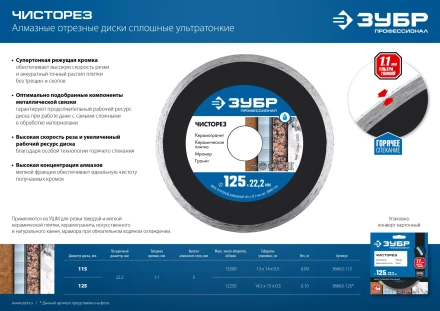 ЗУБР Чисторез, 115 мм, (22.2 мм, 5 х 1.1 мм), сплошной алмазный диск, Профессионал (36663-115) купить в Надыме