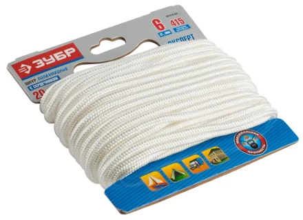 Шнур ЗУБР полиамидный, плетеный, повышенной нагрузки, с сердечником, белый, d 6, 20м 50310-06-020 купить в Надыме