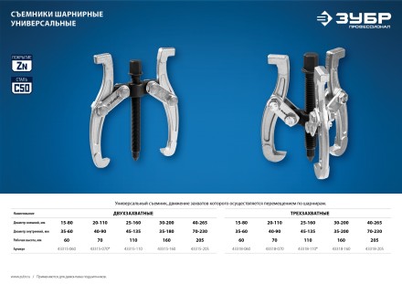 ЗУБР внешний d 30 - 200 мм, внутренний d 35 - 200 мм, шарнирный трехзахватный съемник, Профессионал (43318-160) купить в Надыме