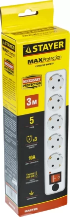 Сетевой фильтр STAYER "MASTER" электрический, 5 гнезд, макс. мощн. 2200 Вт, 3м 55066-3 купить в Надыме