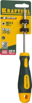 Отвертка KRAFTOOL, Cr-Mo-V сталь, двухкомпонентная противоскользящая рукоятка, HEX, №5x100мм 250075-5-100 купить в Надыме