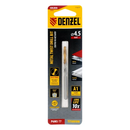 Сверло спиральное по металлу Denzel 4,5 x 80 мм, Р6М5, Golden Tip, 718231 купить в Надыме