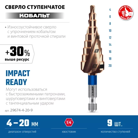 ЗУБР КОБАЛЬТ 4-20мм, 9 ступеней, винтовая проточка, сверло ступенчатое, серия Профессионал(29674-4-20-9) купить в Надыме