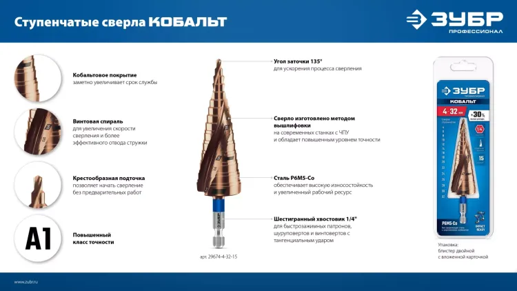 ЗУБР КОБАЛЬТ 4-20мм, 9 ступеней, винтовая проточка, сверло ступенчатое, серия Профессионал(29674-4-20-9) купить в Надыме